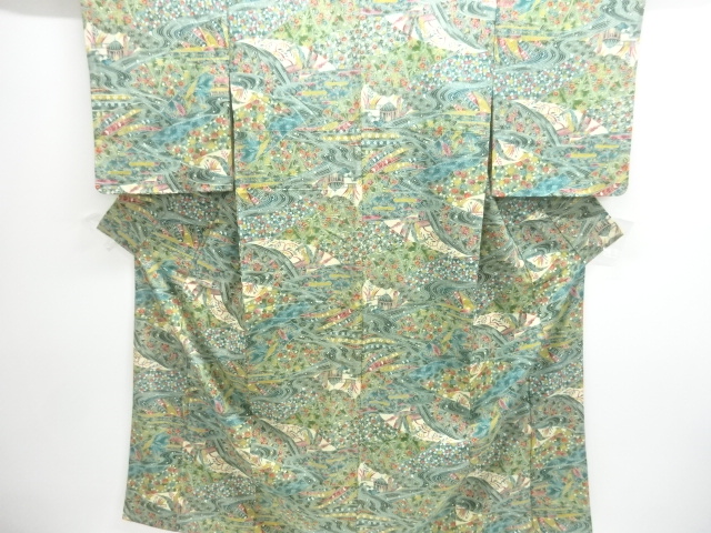 JAPANESE KIMONO / ANTIQUE KIMONO / SILK / JODAI TSUMUGI / STREAM & FLORAL PLANTS
